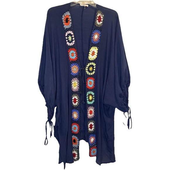 Entro Women’s Colorful Crochet Trim Tie Open Front Kimono Duster Cardigan Sz M - Picture 1 of 10